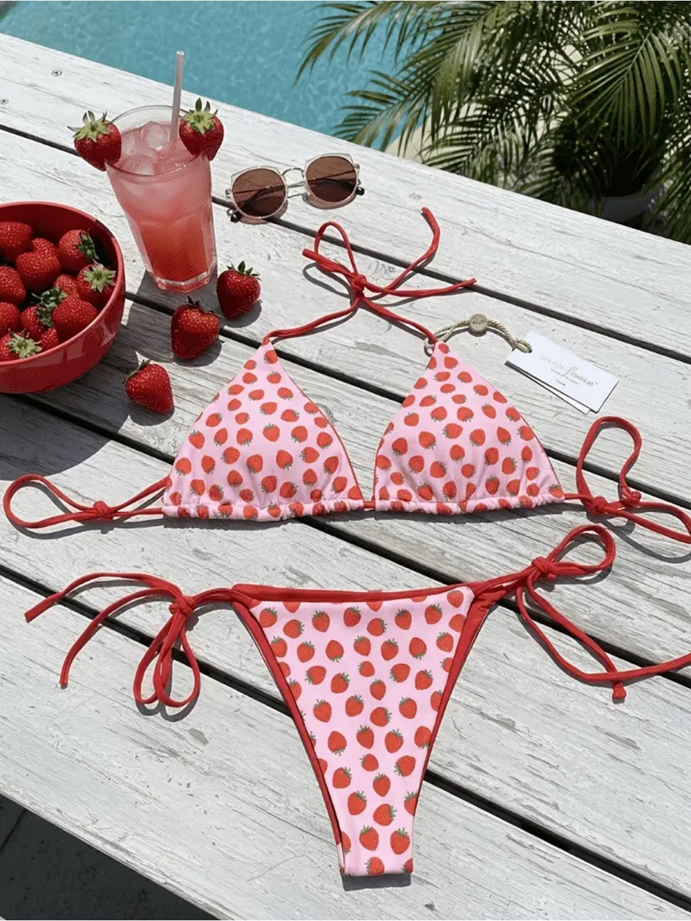 NEW Women’s Strawberry Print Triangle Tie Bikini Set - Pink & Red Size L